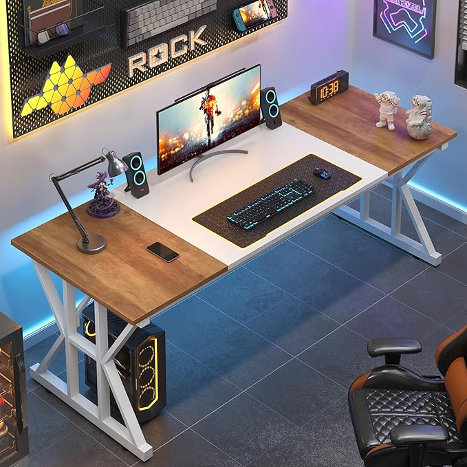 TVU Computer Desk, 63 inch Large Office Desk, Study Writing Table with Thicken Frame, Gaming Desk, Modern Simple Desk for Home Office, Brown/White