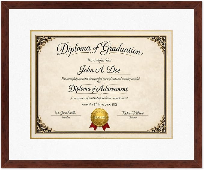Diploma Frame Rustic Walnut with Oyster Shell Over Gold Double Mat - Fits 17 x 13 International Diploma Wall Display Made in the USA