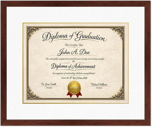 Diploma Frame Rustic Walnut with Oyster Shell Over Gold Double Mat - Fits 17 x 13 International Diploma Wall Display Made in the USA