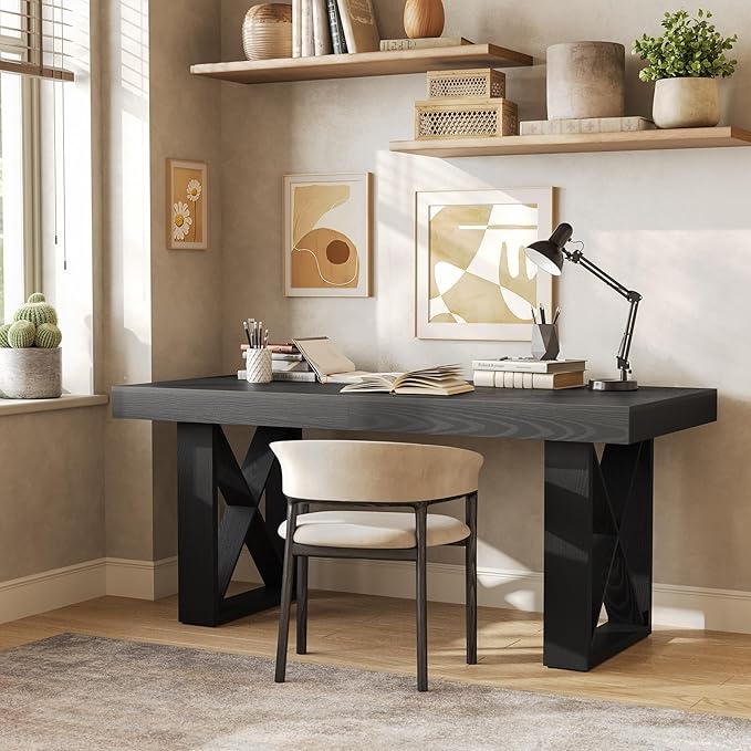 LITTLE TREE 63-Inch Long Computer Desk, Simple Wood Thick Appearance Design, Study Writing Gaming Work Executive Desk for Home Office, Black