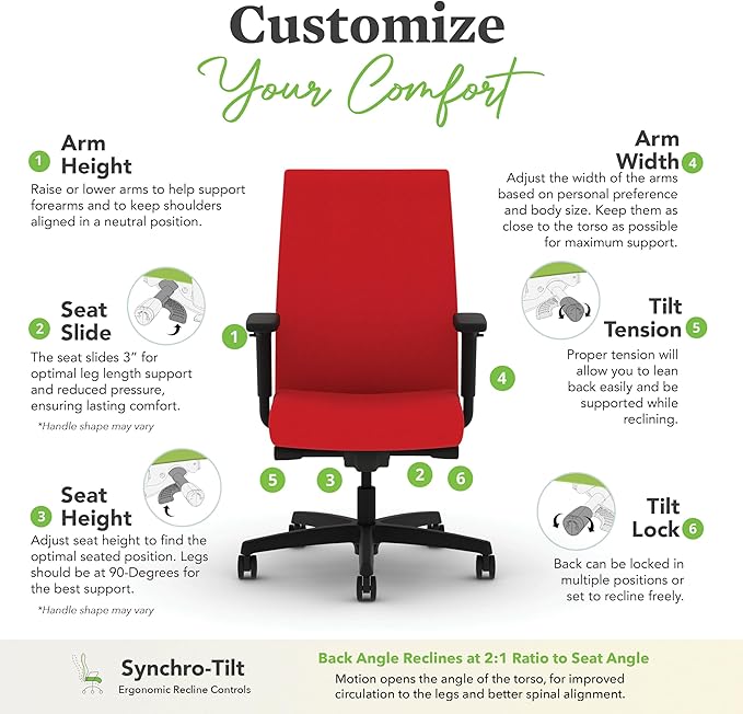 HON Ignition 2.0 Fabric Office Chair, Upholstered, Adjustable Arms, Advanced Synchro-Tilt Recline Executive Ergonomic Office Chair, Black Frame, Ruby