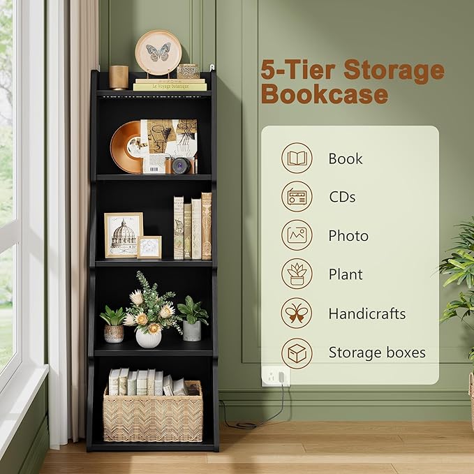 Hoctieon 5-Tier Open Bookcase and Bookshelf with LED Light, Floor Standing Display Storage Shelves, Wood Modern Display Organizer for Home Office, Living Room, Bedroom, Study, Black