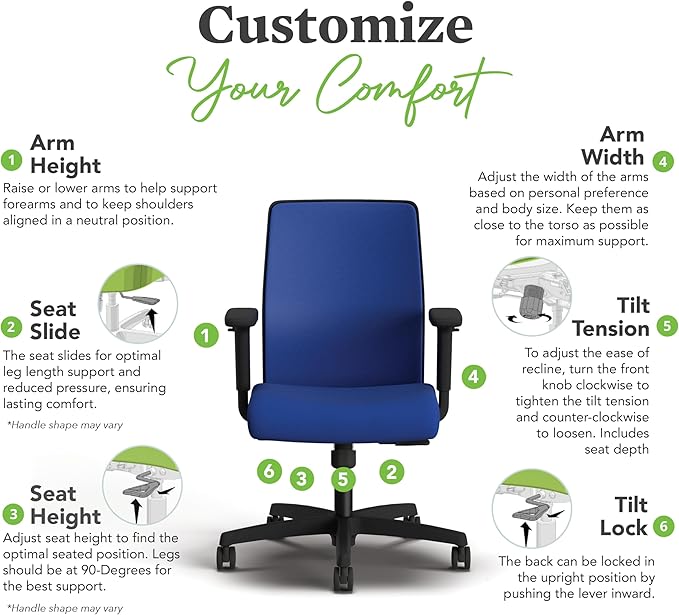 HON Ignition 2.0 Low Back Task Chair, Spectrum Mesh, Standard Synchro-Tilt Control, Office Chair with Lumbar Support, Height and Width Adjustable Arms, Black Frame, Cobalt
