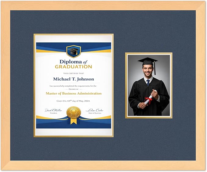 Diploma Frame With Photo Opening Natural Wood Navy Blue Over Gold Mat - Fits 8.5 x 11 Degree and Picture Made in the USA