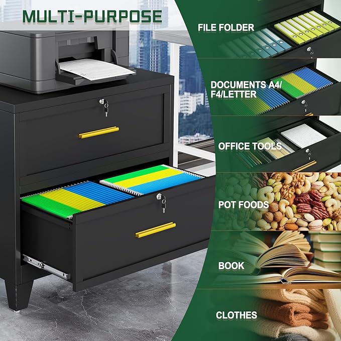 2 Drawer File Cabinet with Lock, Metal Lateral File Cabinets for Home Office, Steel Wide Filing Organization Storage Cabinets, Home Office Furniture for Hanging Files Letter/Legal/F4/A4 Size
