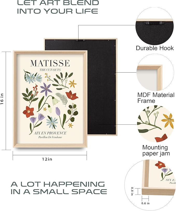 Framed Matisse Canvas Wall Art for Bedroom,Abstract Matisse Canvas Wall Decor,Minimalist Classic Decor Aesthetic,16x12IN Wood High Framed Design Posters for Living Room,Bathroom Set of 3