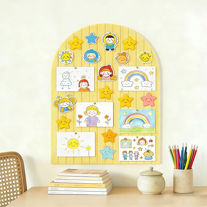 Arched Felt Bulletin Board, 31.5"x24" - Modern Fabric Pin Board for Office & Home Wall, Upgraded Adhesive, Damage-Free Installation, Reusable Wall Organizer for Notes, Photos Reminders (Yellow)