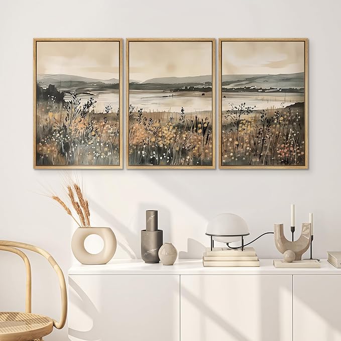 SIGNWIN Framed Canvas Print Wall Art Set Lakeside Meadow Rustic Countryside Watercolor Illustrations Modern Art Decorative for Living Room, Bedroom, Office - 24"x36"x3 Natural
