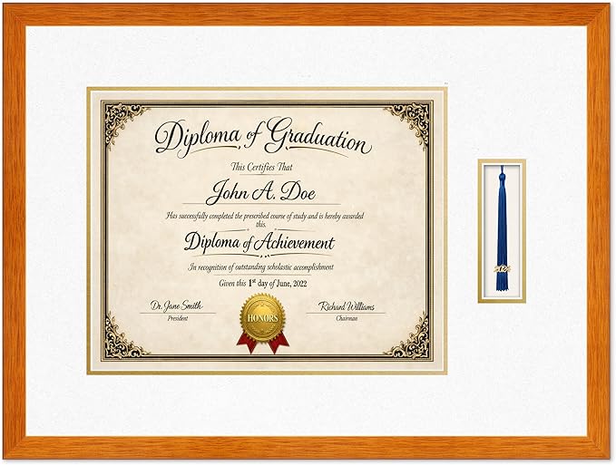 Diploma Frame with Tassel Holder Honey Oak Shadowbox Oyster Shell Over Gold Mat - Fits 15 x 12 Degree Made in the USA