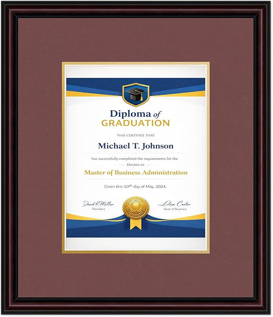 Diploma Frame Executive Brown with Dark Red Over Gold Double Mat - Fits 8.5 x 11 Certificate (Portrait) Wall Display Made in the USA