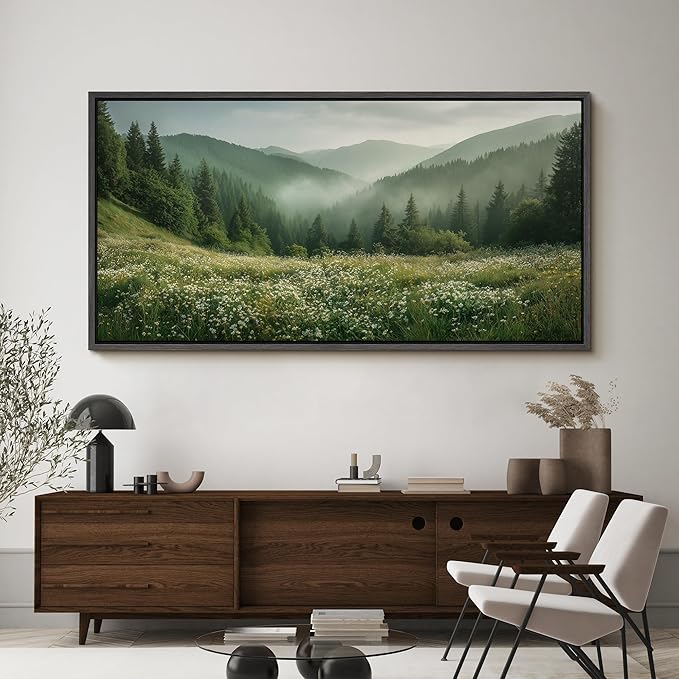 SIGNFORD Extra Large Framed Canvas Print Wall Art Misty Green Valley Meadow Landscape Illustrations Modern Art Calm Warm for Living Room, Bedroom, Office - 60"x30"