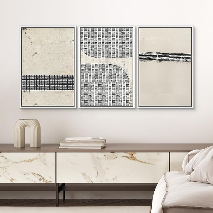 SIGNWIN Framed Canvas Print Wall Art Set Black Tan Grunge Grid Polygon Pattern Abstract Shapes Cozy Neutral Decorative Contemporary Minimal for Living Room, Bedroom, Office - 16"x24"x3 White