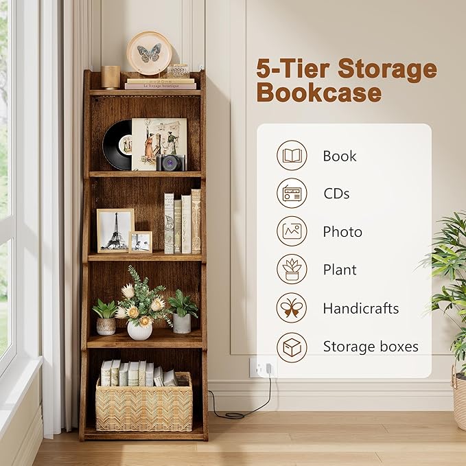 Hoctieon 5-Tier Open Bookcase and Bookshelf with LED Light, Floor Standing Display Storage Shelves, Wood Modern Display Organizer for Home Office, Living Room, Bedroom, Study, Rustic Brown
