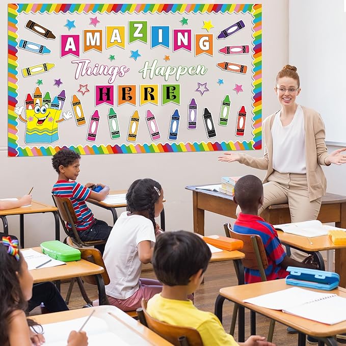 gisgfim 3D Crayon Bulletin Board Decorations Set Welcome Classroom Decor Amazing Things Happen Here Paper Cutouts Back to School Pencil Name Tag Bulletin Board Decor for School Home Chalkboard Wall