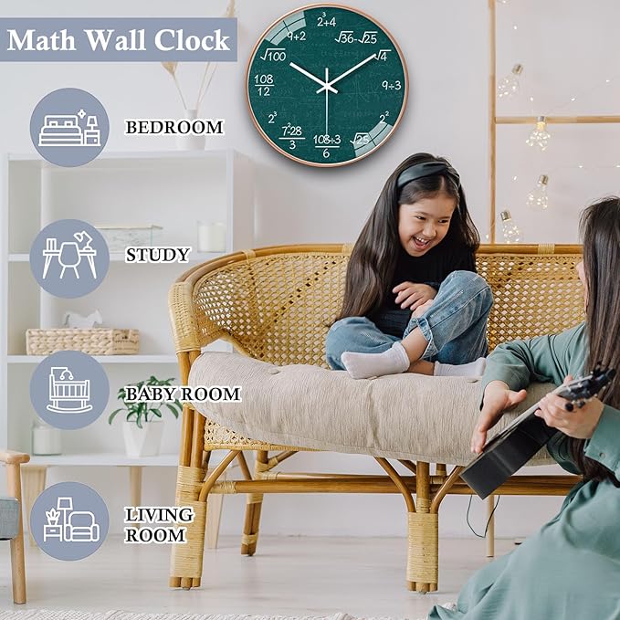 12 Inch Math Wall Clock Silent Non Ticking Movement Quality Quartz Wall Clock for Office Classroom/School/Home/Kitchen/Living Room Wall Decorations (Blue)