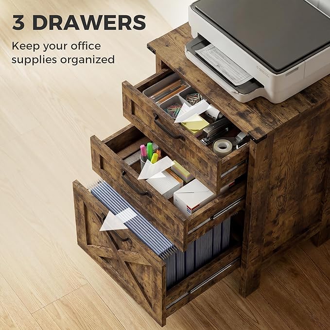 HOMCOM 3 Drawer File Cabinet with Silent Slides, Vertical Filing Cabinet for Hanging A4/Letter Size, Rustic Farmhouse Printer Stand with Storage for Home Office, Rustic Brown