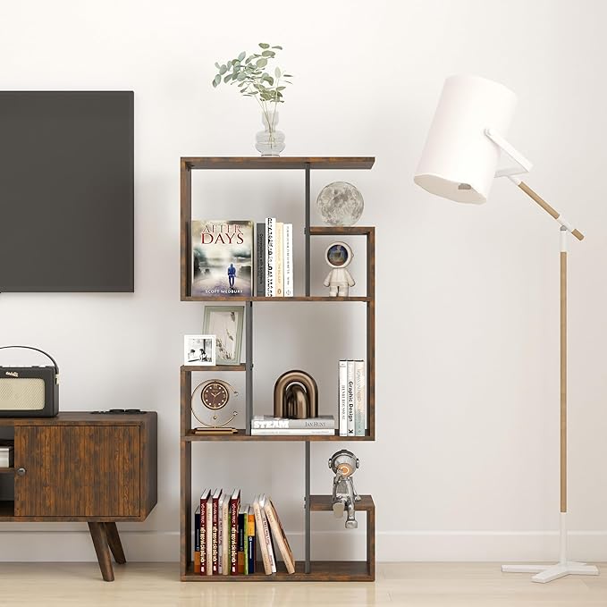 Manora 3 Tier Geometric Bookcase, S Shaped Bookshelf, Modern Bookcase with Tall Display Shelves, Decorative Storage Shelf for Living Room and Bedroom, Dark Brown