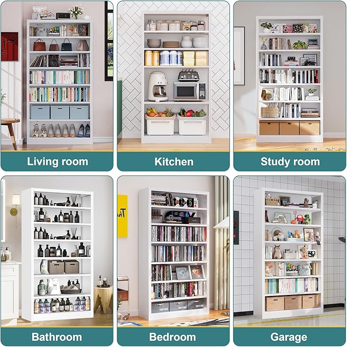 Bookcase,7 Tier Bookshelf,55" Tall Free Standing Metal Bookcase with Adjustable Storage Shelves,Wide Bookshelf for Bedroom Living Room Home Office School (White, 7 Tier 55"H x 27.5"W x 11.8"D)