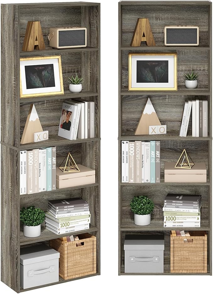 Furinno Jaya Book Shelf Set of 2, 6-Tier Bookshelf, Bookcase, 9.5 x 24.6 x 71, for Home Office, Living Room, French Oak