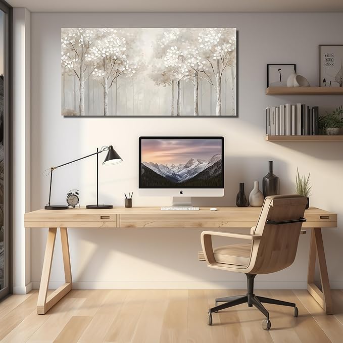 ANCXWOTER Large Forest Wall Art for Living Room White Misty Birch Tree Picture for Bedroom Office Modern Landscapes Canvas Prints Ready to Hang 24x48 Inch