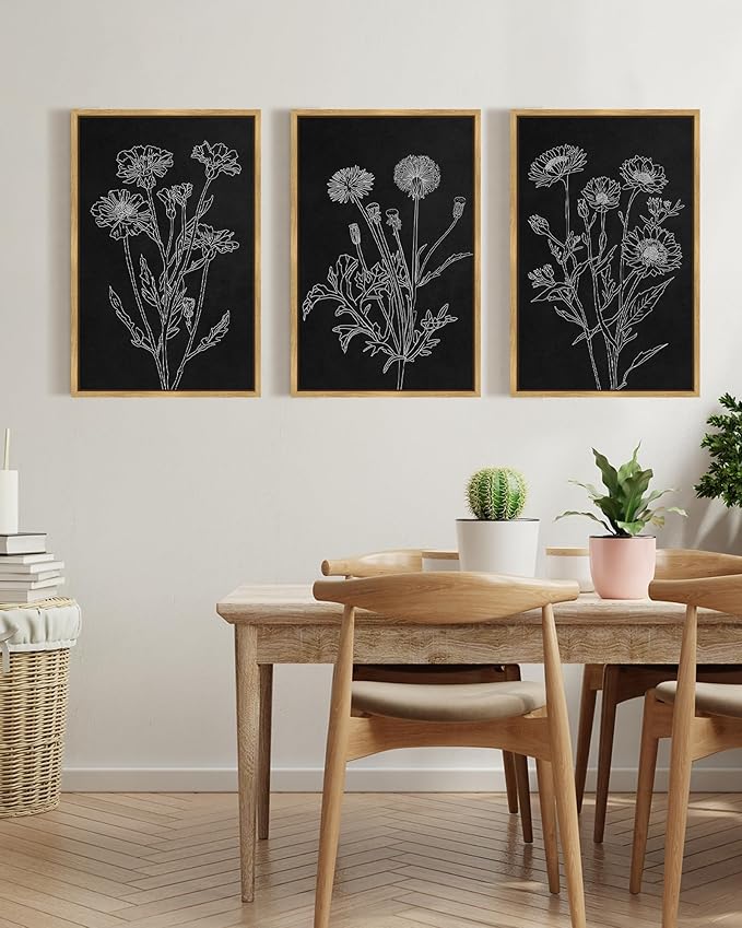 Drsoum Black White Flower Wall Art Vintage Minimalist Floral Wall Hanging Decor Bohemain Botanical Prints Artwork for Bedroom Living Room Hallway 16x24in Natural Framed
