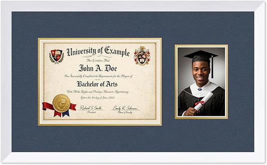 CountryArtHouse Fits 11.69 x 8.27 A4 Certificate and 5 x 7 Photo Diploma and Photo Frame Bright White Genuine Hardwood with Navy Blue Over Metallic Gold Double mat