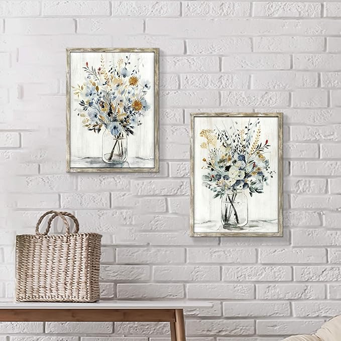 Floral Picture Wall Art Painting: Blossom Bouquet Flowers Prints on Rustic Wood and Handcrafted Wooden Framed Artwork for Home and Bedroom (12” x 16” x 2pcs)