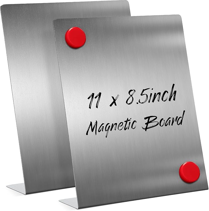 Fainne Silver 2 Pcs Magnetic Bulletin Board with Easel Stand 11 x 8.5 x 2.4 Inches Mini Magnet Metal Tabletop Memo Display Board for Back to School Menu Table Office Supplies