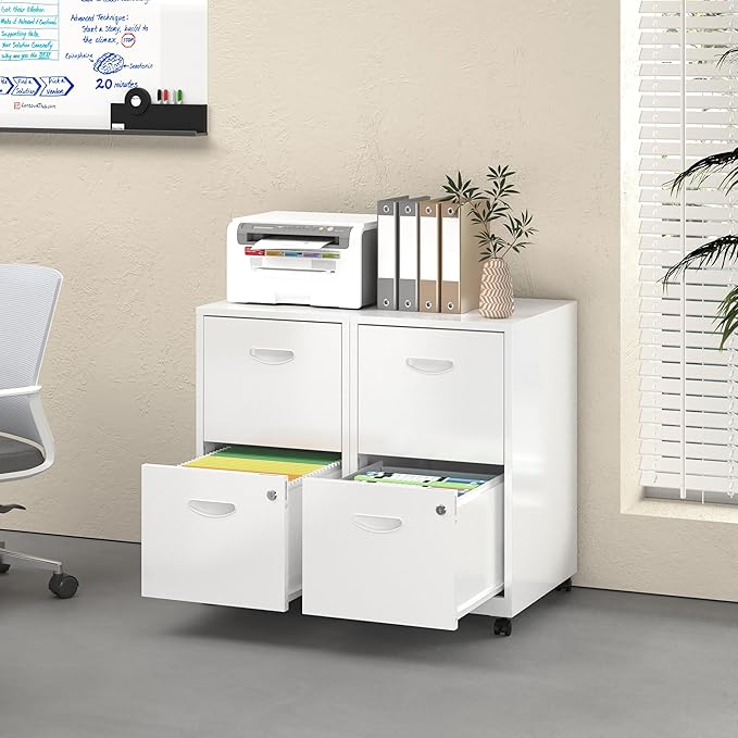 2 Drawer File Cabinet with Lock, Filing Cabinets with Wheels, Rolling File Cabinets for Home Office, Metal Office File Cabinet, for Holding Letters and File Boxes, Assembly Required, White