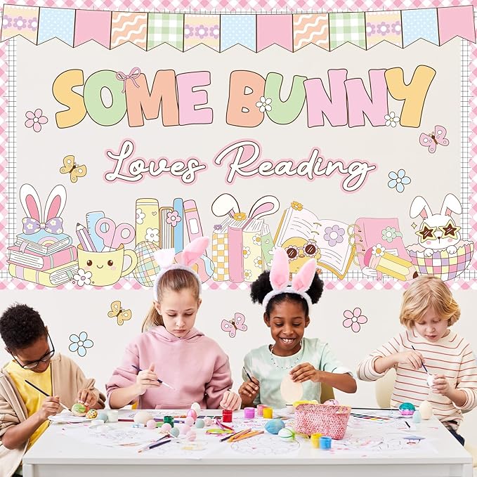 Easter Bulletin Board Set Some Bunny Loves Reading Classroom Decoration Easter Eggs Bunnies Bulletin Board Cutouts for Library Classroom School Holiday Chalkboard Wall Decor