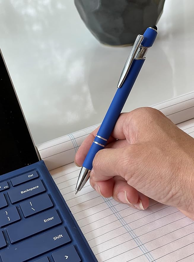 Pack of 5 Rubberized Comfort Soft Touch 2 in 1 Ballpoint Pen Capacitive Stylus Tip, Premium Metal Medium Point, Black Ink, Compatible with Most Touch Screens (Blue)