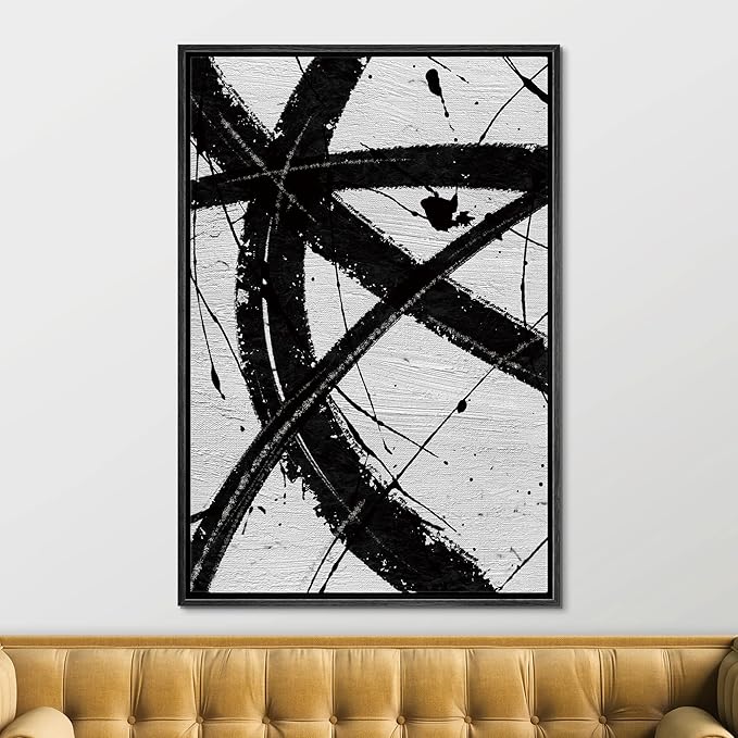 SIGNFORD Framed Canvas Wall Art Curve Ink Stroke with Line, Texture Abstract Brushstroke Illustrations Minimalism Expressive Black and White for Living Room, Bedroom, Office - 16x24 inches