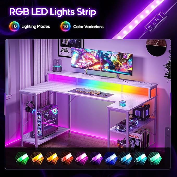ODK 48 Inch Gaming Desk with LED Lights and Power Outlet, U-Shaped Computer Desk with Monitor Stand and Storage Shelves, PC Gamer Table for Home Office, Carbon Fiber White