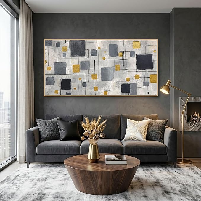 KLAKLA Neutral Decor Modern Abstract Wall Art Poster - Black Gold Gray for Living Room Bedroom Office Framed Minimalist Abstract Design 48x24 Inches