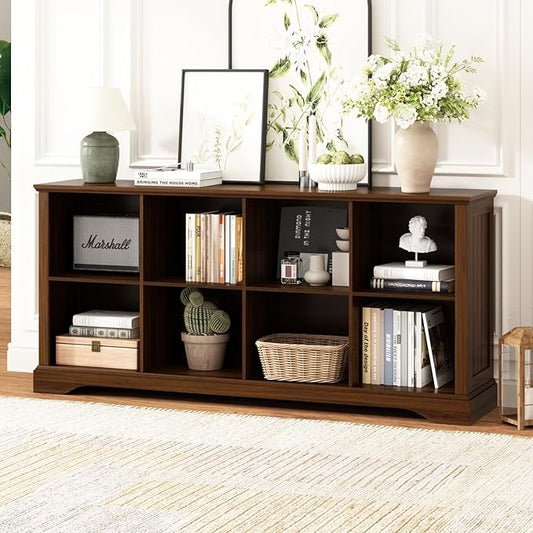 8 Cube Storage Organizer - 62" Long Farmhouse Wood Low Bookshelf, Horizontal Open Shelf Bookcase Cubby Storage Console Cabinet for Living Room, Entryway, Office, Walnut