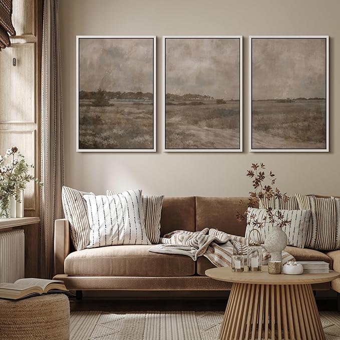 MUDECOR Framed Wall Art Print Set Vintage Neutral Countryside Landscape Rustic Field Path and Distant Trees Illustrations Modern Art Boho Decorative for Living Room, Bedroom, Office - 16"x24"x3 WHITE