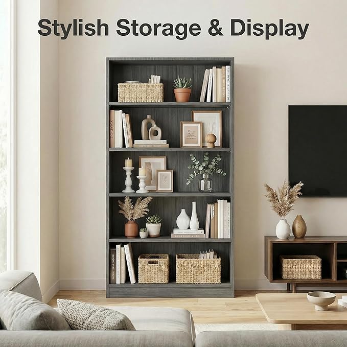 5 Tier Wooden Bookshelf, 60" H Tall Book Shelf with Adjustable Shelves, 33" Wide Bookshelf for Home Office, Living Room