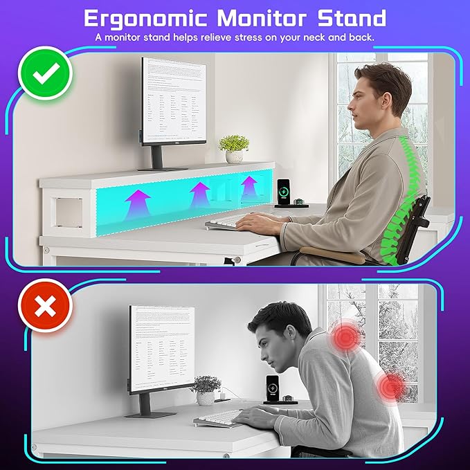 White Desk with Drawers, 48" L Shaped Computer Desk with Monitor Stand & Power Outlet for Small Room, LED Lights for Gaming, Study Room, Bedroom, White