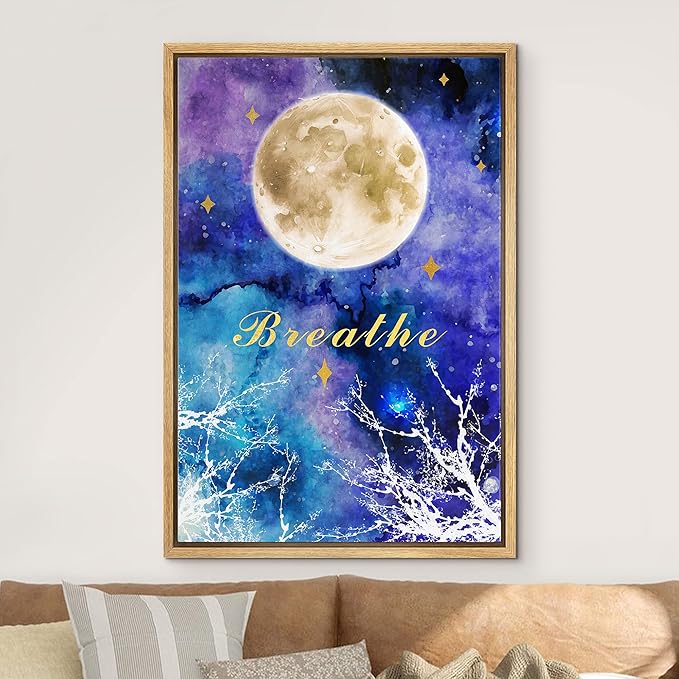 IDEA4WALL Framed Canvas Print Wall Art Breathe Watercolor Galaxy with Harvest Moon Astronomy & Space Sky Illustrations Modern Art Glam Colorful for Living Room, Bedroom, Office - 24"x36" NATURAL