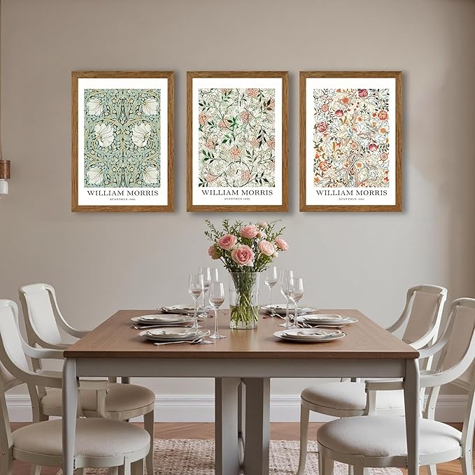 InspiredHues 3 Pieces William Morris Classic Canvas Wall Art, Green Pink and White Floral Design Wall Decor, Vintage Botanical Art Prints for Living Room Office Home Decoration 16x24 inch Wood Framed