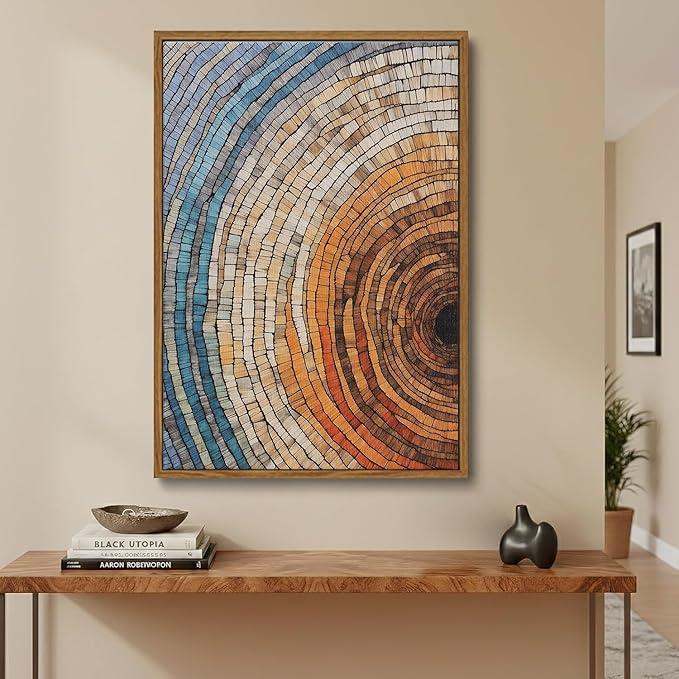 IBHJSART Framed Tree Ring Canvas Wall Art Vintage Colorful Wood Stump Painting Prints Modern Minimalist Pictures Neutral Nature Rustic Farmhouse Decor Living Room Bedroom Bathroom Office