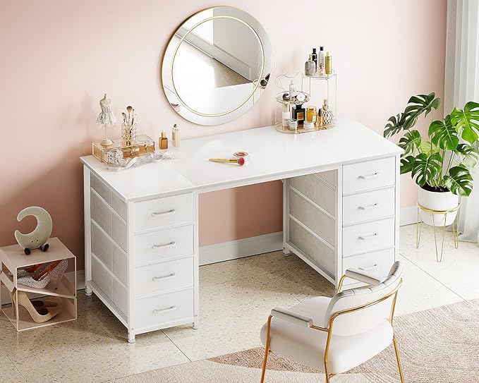 ODK 48 Inch White Computer Desk with 8 Fabric Drawers, Modern Office Desk with Large Storage for Home Office, Study, Gaming, White