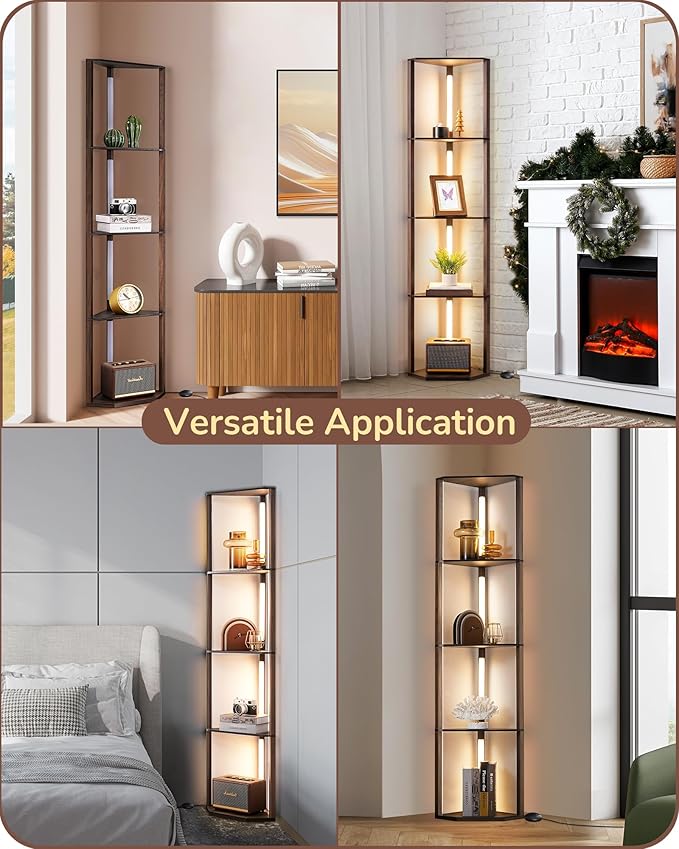 EDISHINE Dimmable LED Floor Lamp with Shelves, Corner Floor Lamps for Living Room, Corner Shelf with LED Light, 3CCT, Modern Standing Lamp, Floor Lamp for Bedroom, Office, Walnut
