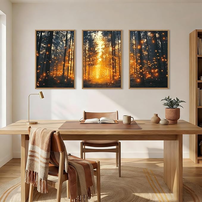 Aryroi Magical Firefly Forest Framed Canvas Wall Art Set,Enchanted Night Nature Mystical Woodland Wall Decor,Whimsical Orange Twinkling Black Tree Art Print for Living Room, Bedroom, Office- 24"x36"x3