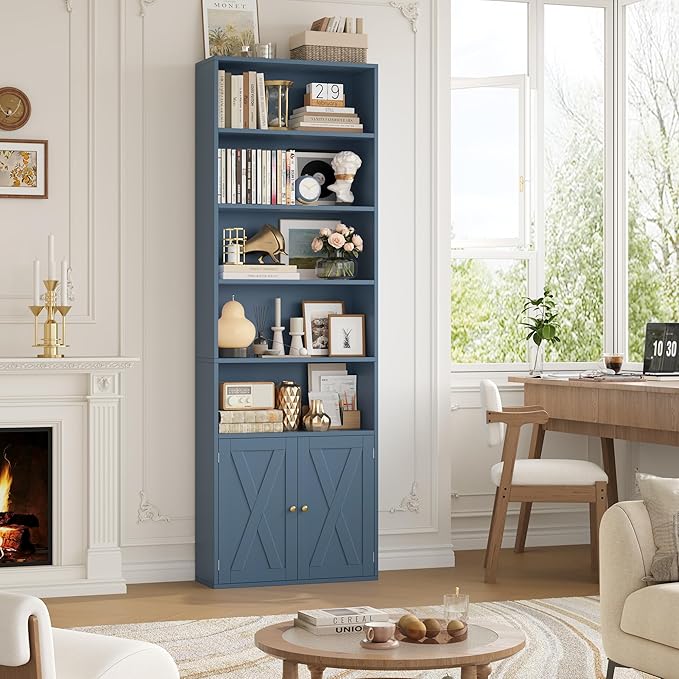 FACBOTALL 82" Tall Bookcase and Book Shelf, 24" Wide Bookshelf with Doors, 7 Tier Bookcase with Storage and Adjustable Shelf, Open and Display Farmhouse Bookshelf for Living Room, Home Office, Blue