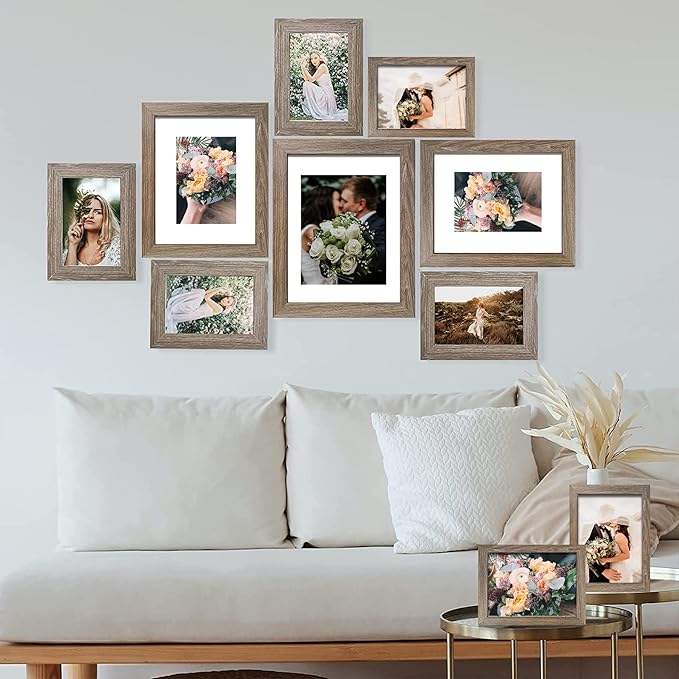 SESEAT Picture Frames Collage, Gallery Wall Frame Set with 11x14 8x10 5x7 4x6 Frames in Light Brown Finishes, Set of 10