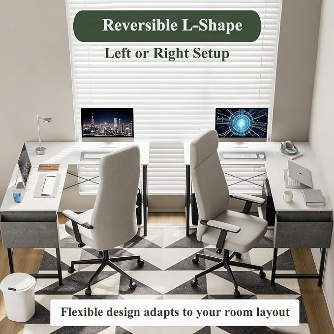 L-Shaped Home Office Computer Desk, Gaming Desk with CPU Stand Shelf and Hanging Storage Pocket, Corner Student Study Writing Table, Sturdy Metal Frame, 43.3" D x 50" W, Classic White