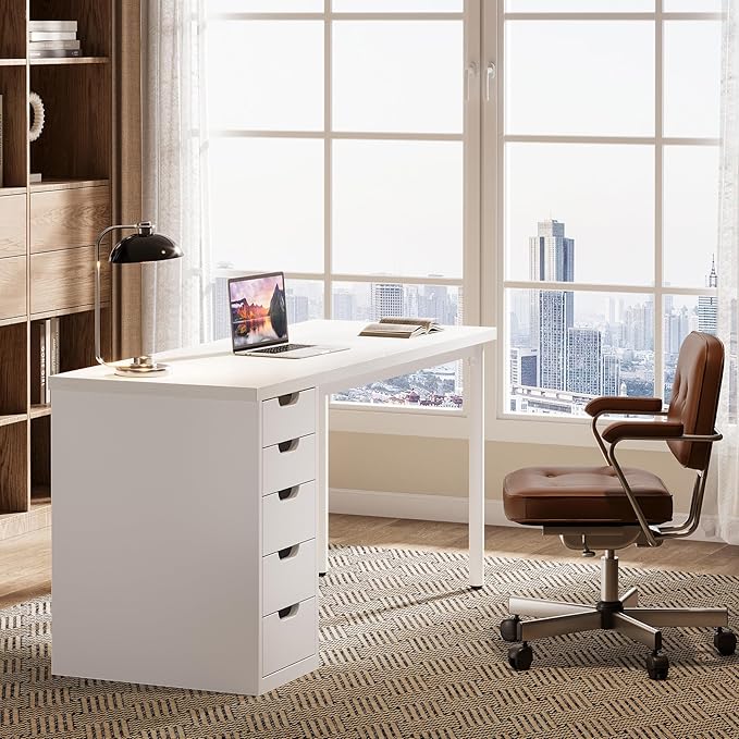 Tribesigns Modern Simple Computer Desk, 47 Inches PC Desk with 5 Reversible Drawers, Rustic Brown Study Writing Table Workstation for Home Office Small Spaces (All White)