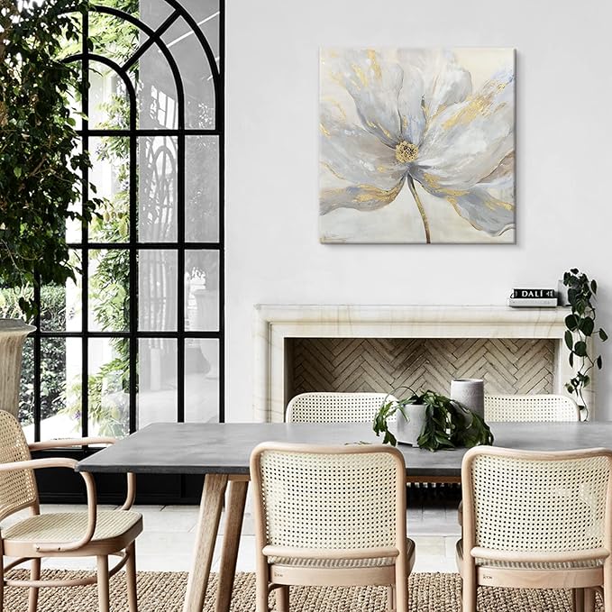 Goldfoilart Flower Canvas Wall Art Abstract Floral Picture with Gold Foil Embellishment Oil Painting Textured Print on Canvas Large for Bedroom Bathroom Living Room Home Decor 32" x 32"