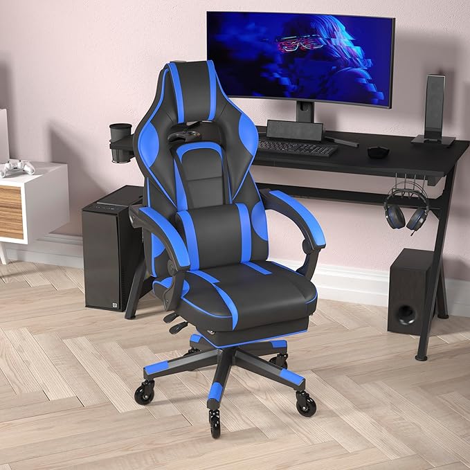 Flash Furniture X40 Gaming Chair Racing Computer Chair with Fully Reclining Back/Arms and Transparent Roller Wheels, Slide-Out Footrest, - Black/Blue